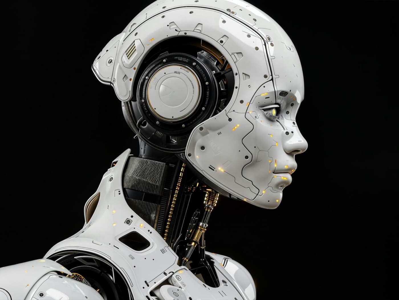 A white humanoid robot in profile with glowing gold details on a black background